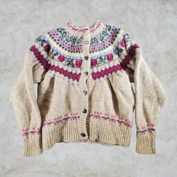 Eddie Bauer Sweaters - Eddie Bauer Cardigan Sweater Womens XS Cream Nordic Fair Isle Norway Wool Floral
